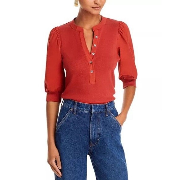 Veronica Beard NWT Coralee Puff Sleeve Henley Top in Rust Orange, Size S/P - Picture 1 of 9